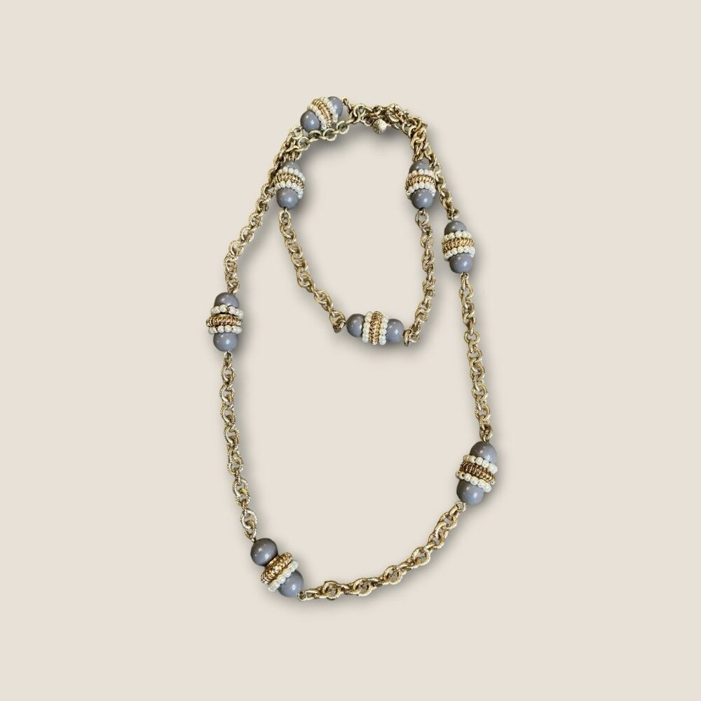 Vintage J Crew Seed Pearl Gray Bed Gold Tone Cable Link Necklace 36 Inches